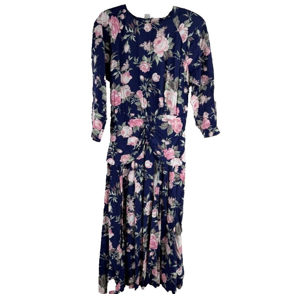 Vtg 90s Grunge Secretary Dress Long Sleeve Rose Print Pleated Maxi Cottagecore L